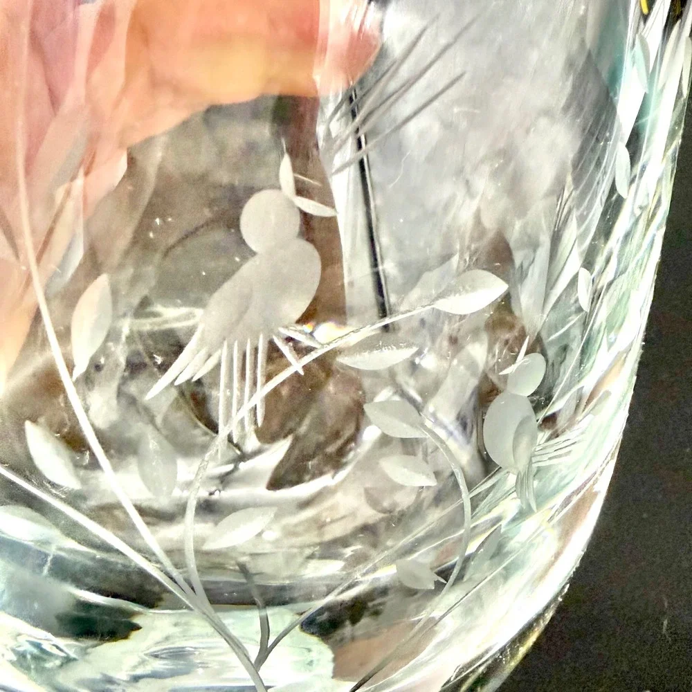 Vintage Art Glass Vase Medium Clear Mid-Century Etched Birds Heavy Base